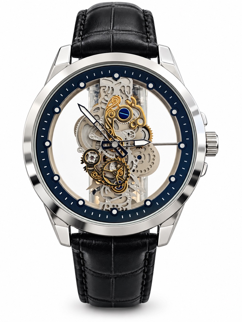 Black Skeleton Dial Men's Dress Watch - Leather Strap